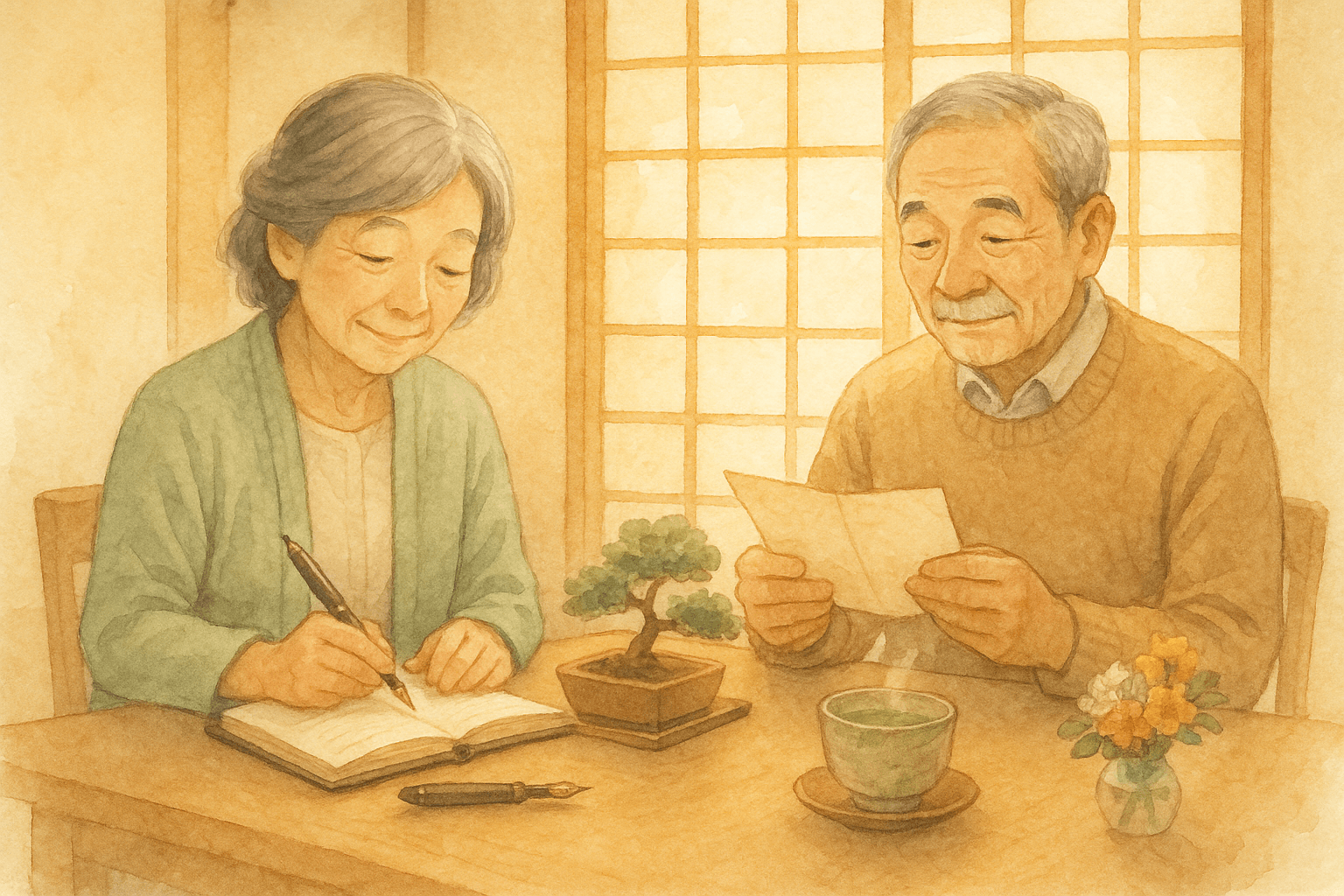 3世代の家族が穏やかにノートを開いている水彩イラスト