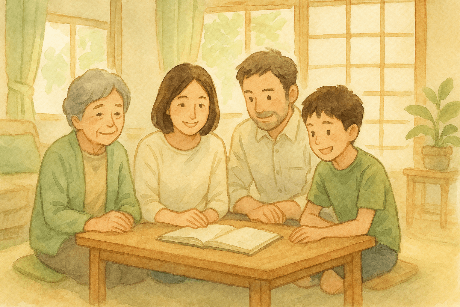 3世代の家族が穏やかにノートを開いている水彩イラスト